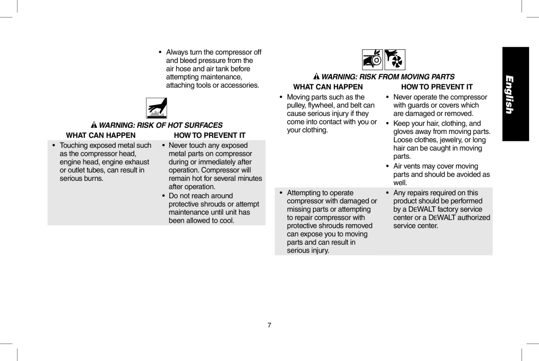 DeWalt D55167 Moving parts such as, Cause serious injury if they, Your clothing, With guards or covers which, Parts, Well 