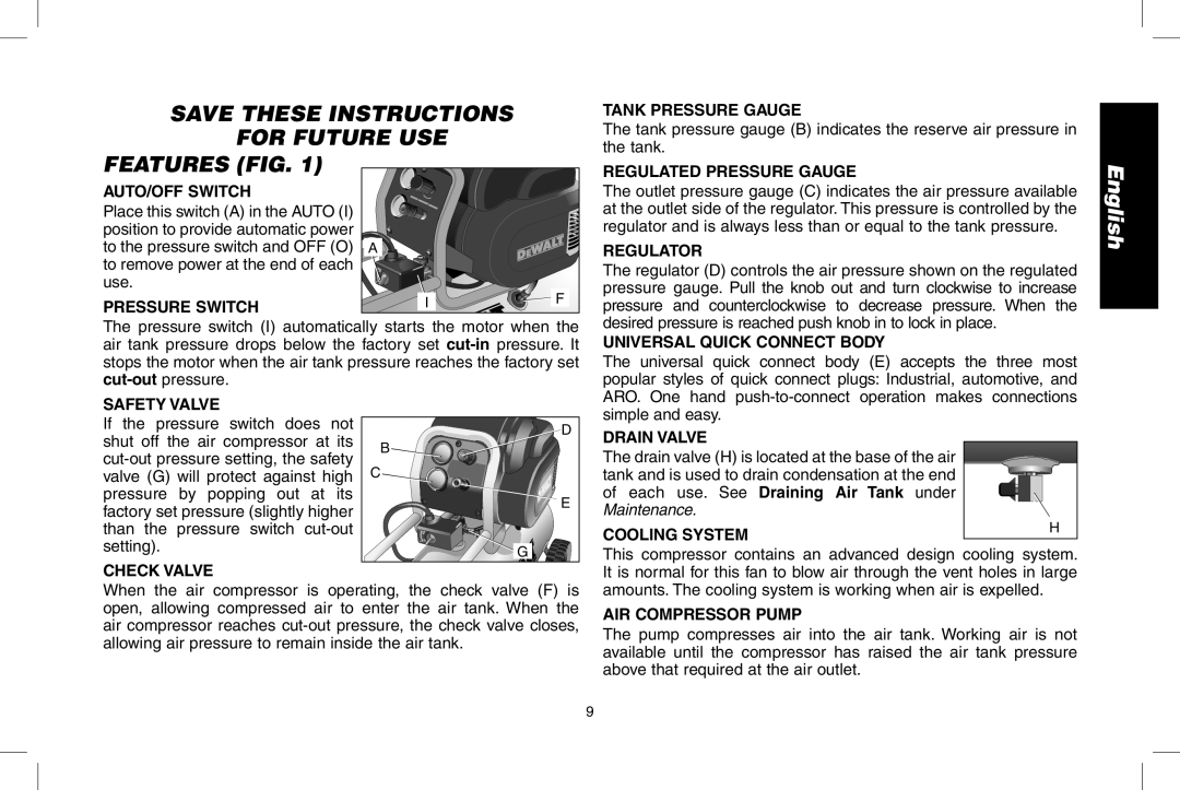 DeWalt D55167 instruction manual Features Fig 