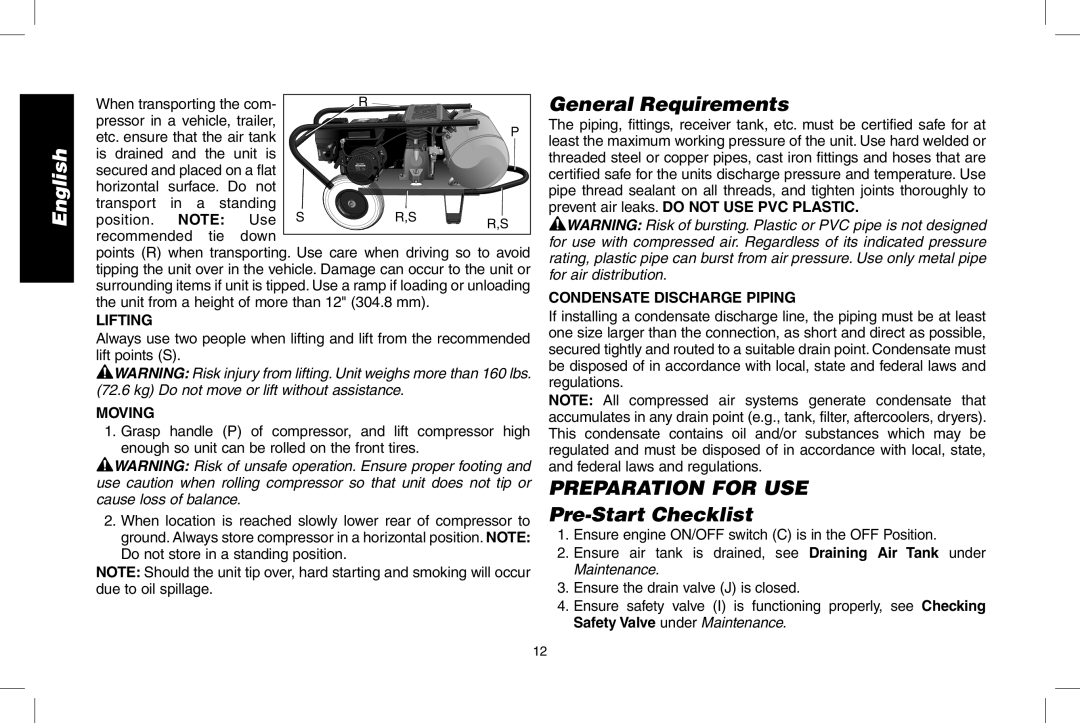 DeWalt D55273 instruction manual General Requirements, Preparation for USE, Pre-Start Checklist 