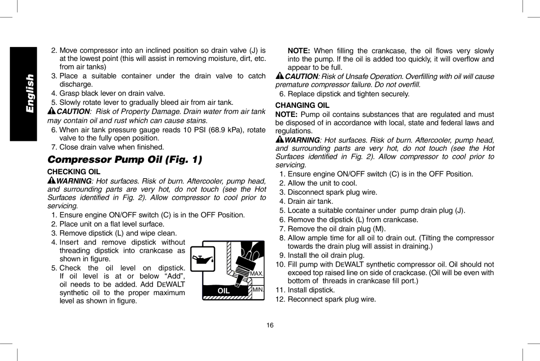 DeWalt D55273 instruction manual Compressor Pump Oil Fig, Checking OIL, Synthetic oil Proper, Changing OIL 