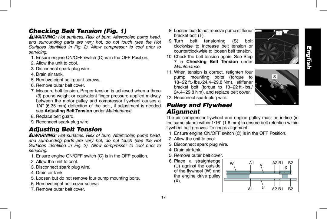 DeWalt D55273 Checking Belt Tension Fig, Adjusting Belt Tension, Pulley and Flywheel Alignment, Maintenance 