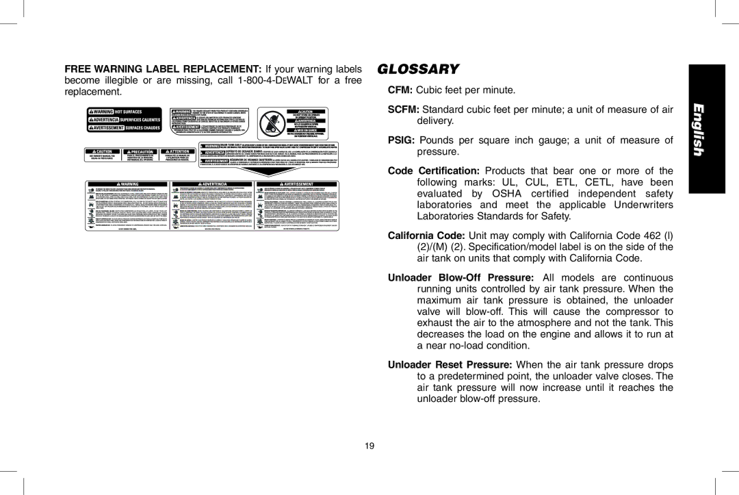 DeWalt D55273 instruction manual Glossary 