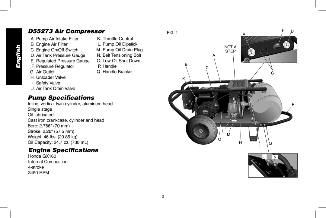 DeWalt D55273 Air Compressor, Pump Speciﬁcations, Engine Speciﬁcations, Air Tank Pressure Gauge, 3450 RPM 