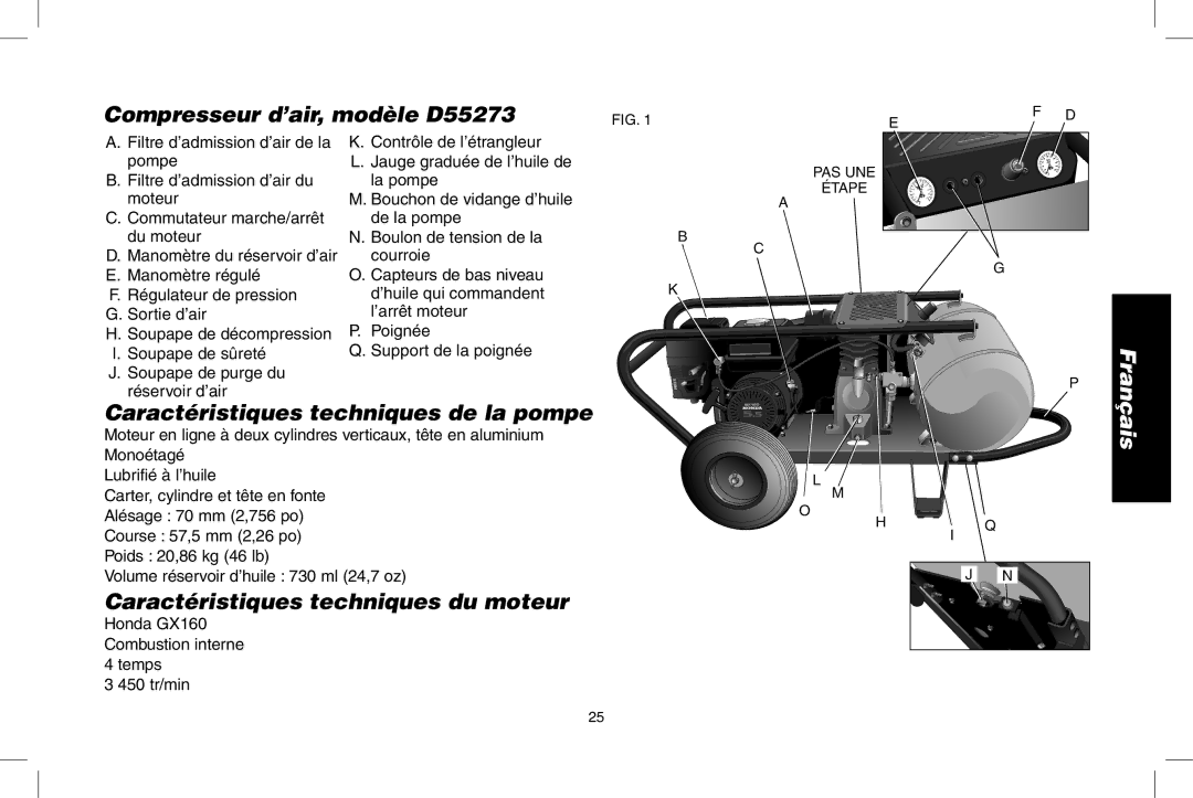 DeWalt Compresseur d’air, modèle D55273, Caractéristiques techniques de la pompe, Caractéristiques techniques du moteur 