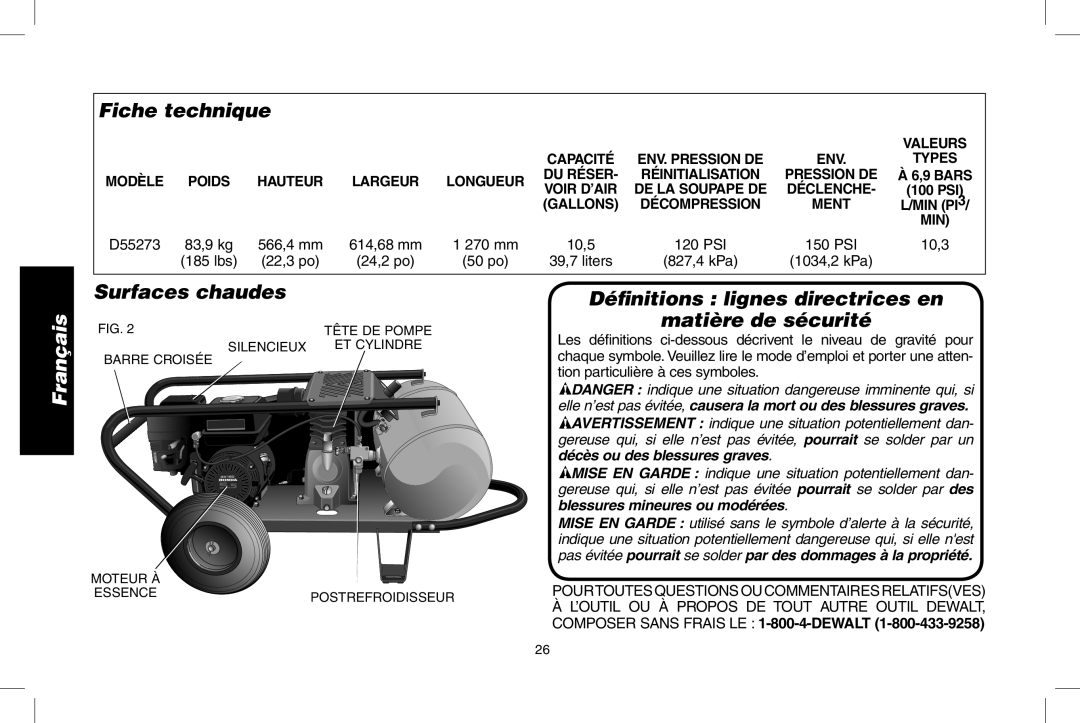 DeWalt D55273 instruction manual Fiche technique, Surfaces chaudes, Déﬁnitions lignes directrices en Matière de sécurité 