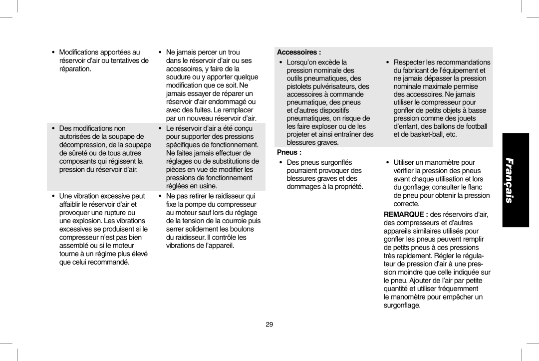 DeWalt D55273 instruction manual Accessoires, Pneus, Le manomètre pour empêcher un surgonflage 