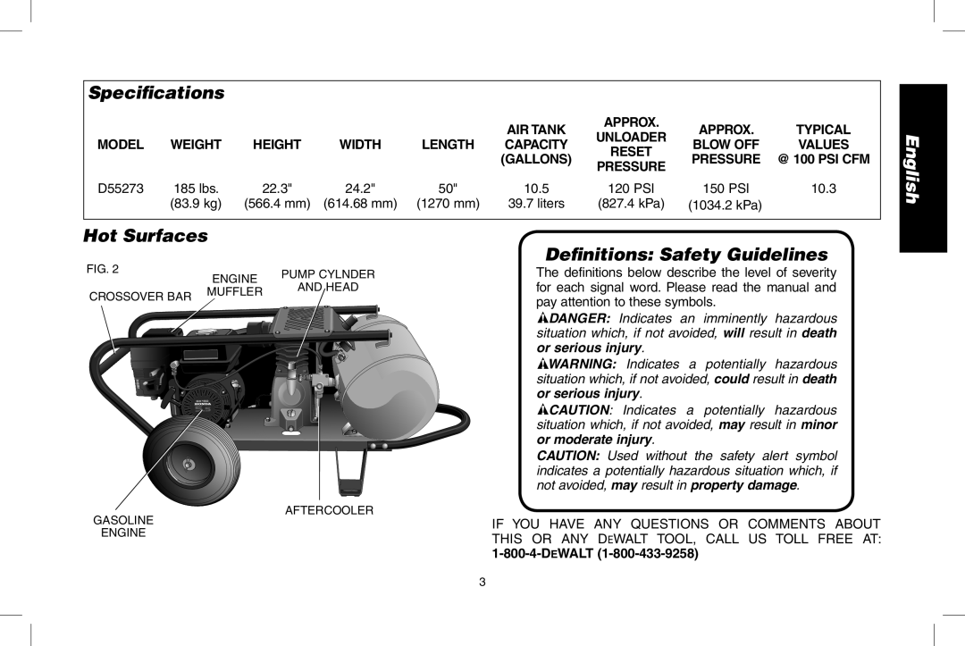 DeWalt D55273 instruction manual Speciﬁcations, Hot Surfaces Deﬁnitions Safety Guidelines, AIR Tank, Typical Unloader 