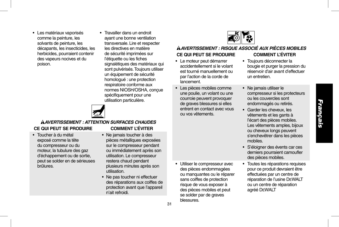 DeWalt D55273 instruction manual Avertissement Risque Associé AUX Pièces Mobiles, CE QUI Peut SE Produire Comment L’ÉVITER 