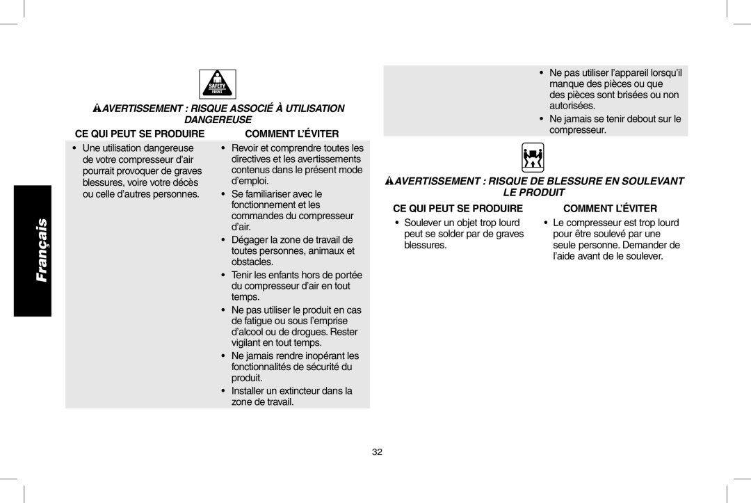 DeWalt D55273 Avertissement Risque Associé À Utilisation, Avertissement Risque DE Blessure EN Soulevant LE Produit 