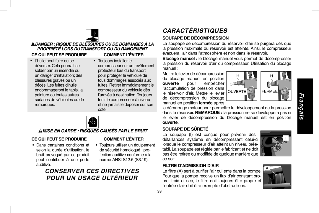 DeWalt D55273 instruction manual Caractéristiques, Conserver CES Directives Pour UN Usage Ultérieur 