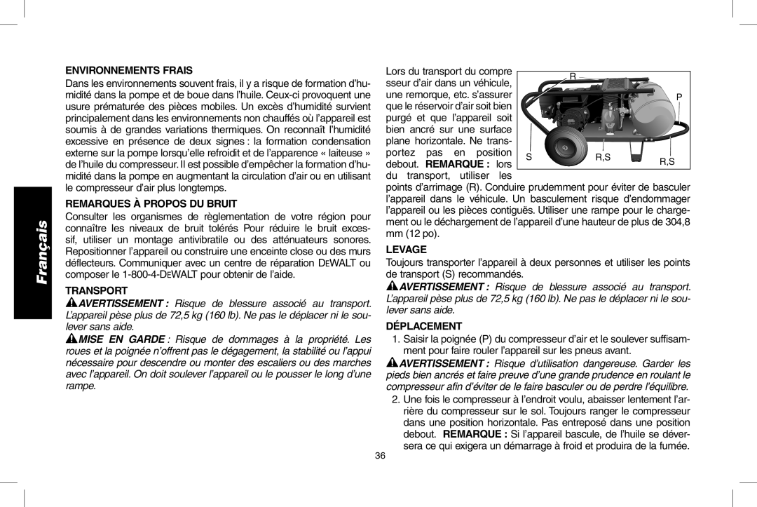 DeWalt D55273 instruction manual Environnements Frais, Remarques À Propos DU Bruit, Transport, Levage, Déplacement 