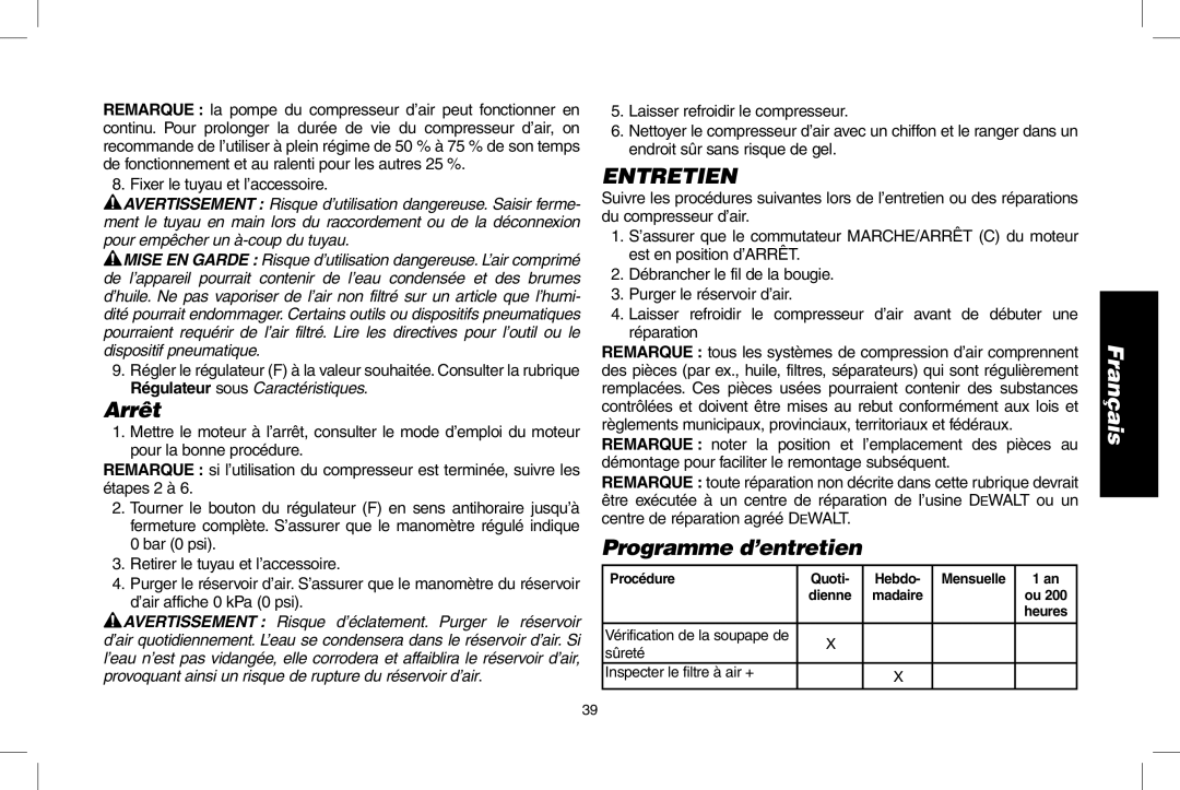 DeWalt D55273 instruction manual Arrêt, Entretien, Programme d’entretien 