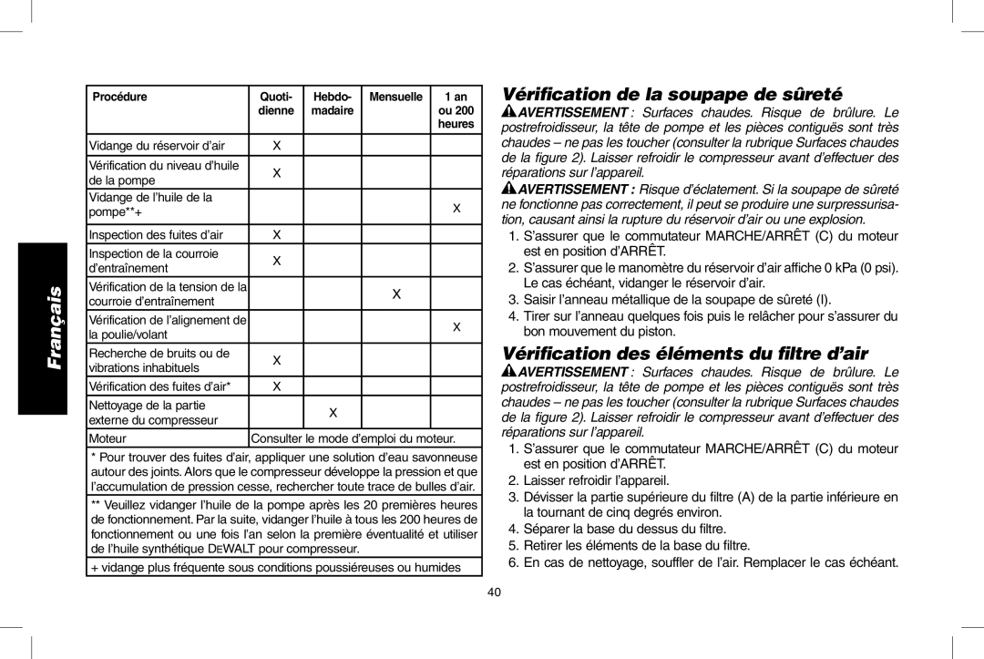 DeWalt D55273 instruction manual Vériﬁcation de la soupape de sûreté, Vériﬁcation des éléments du ﬁltre d’air 