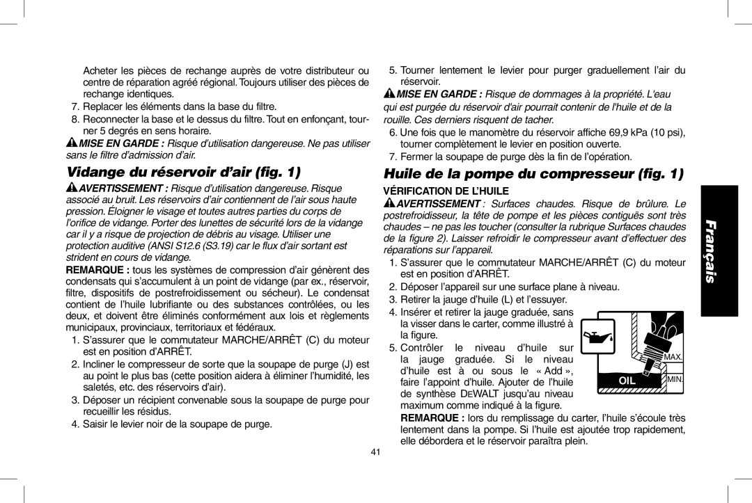 DeWalt D55273 Vidange du réservoir d’air ﬁg, Huile de la pompe du compresseur ﬁg, Vérification DE L’HUILE 