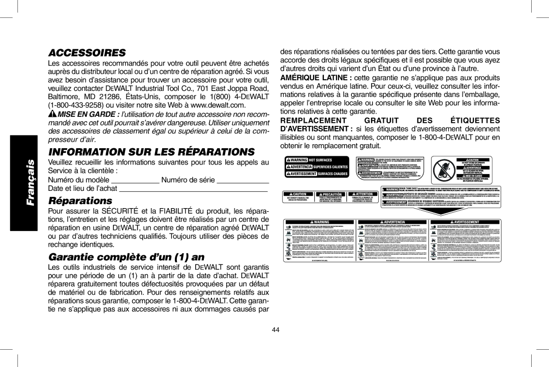 DeWalt D55273 instruction manual Accessoires, Information SUR LES Réparations, Garantie complète d’un 1 an 