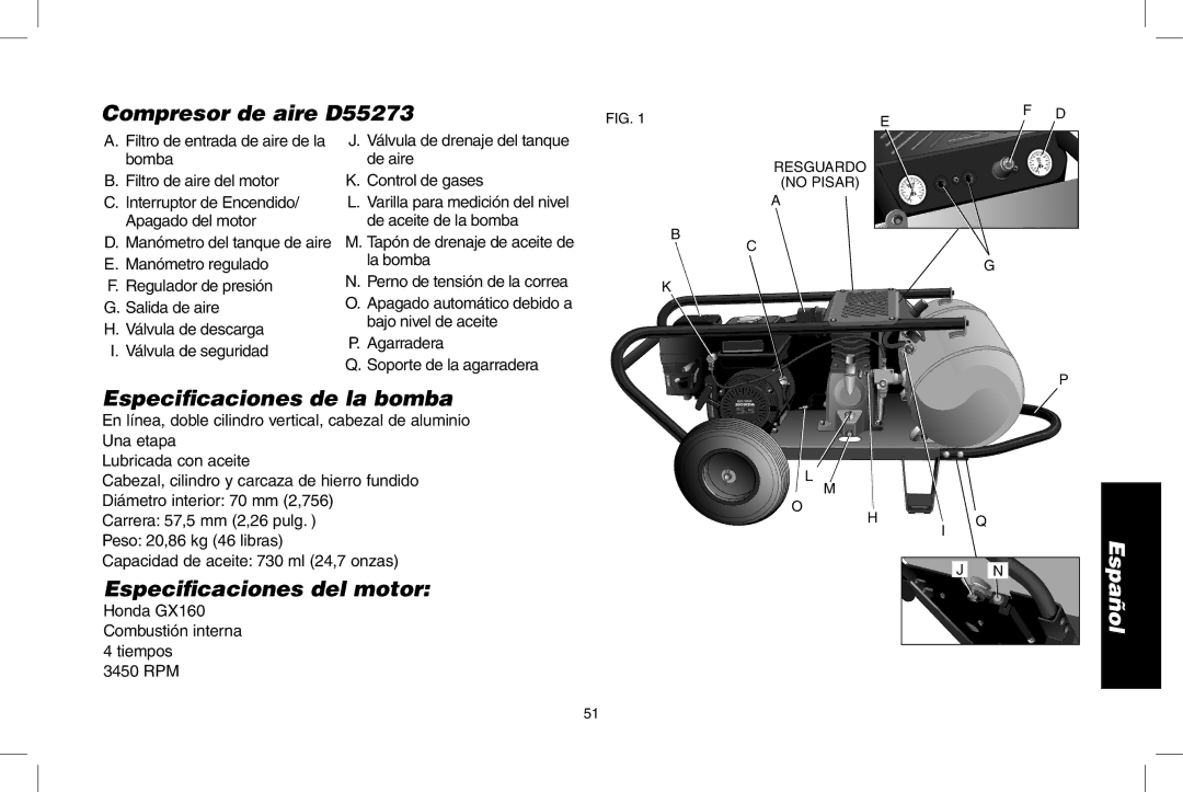 DeWalt Compresor de aire D55273, Especiﬁcaciones de la bomba, Especiﬁcaciones del motor, Filtro de aire del motor 