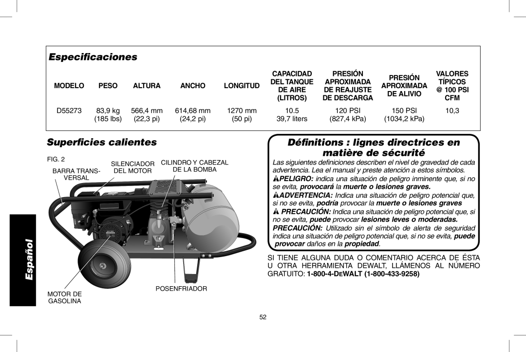 DeWalt D55273 instruction manual Especiﬁcaciones, Superﬁcies calientes 