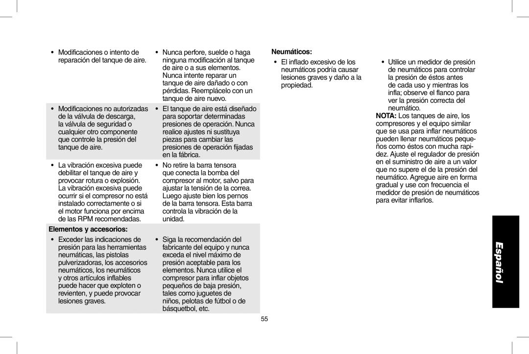 DeWalt D55273 instruction manual Elementos y accesorios, Neumáticos 