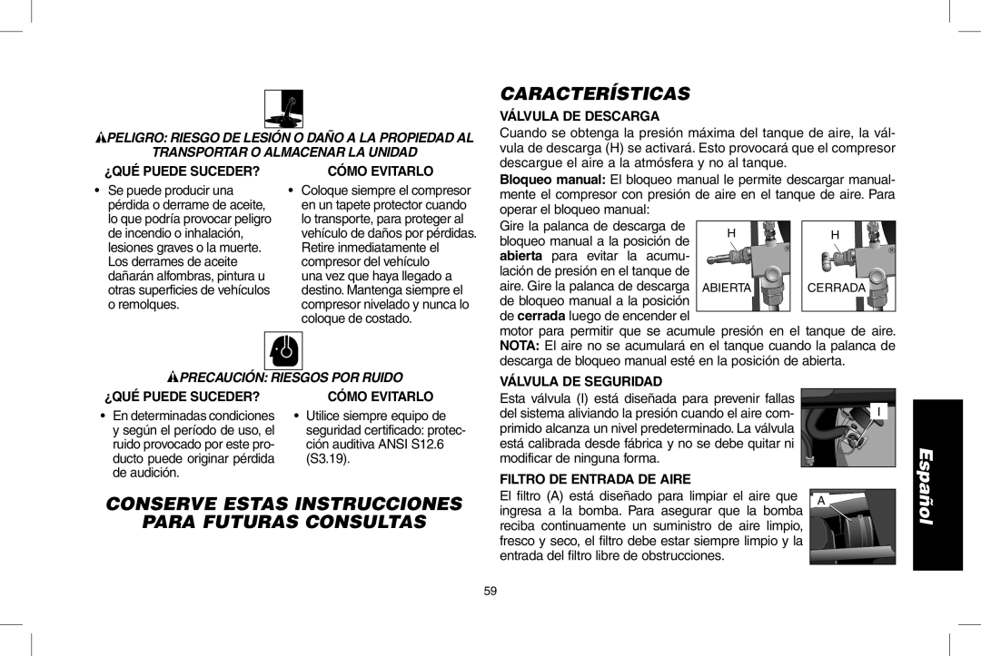 DeWalt D55273 Características, Conserve Estas Instrucciones Para Futuras Consultas, Precaución Riesgos POR Ruido 