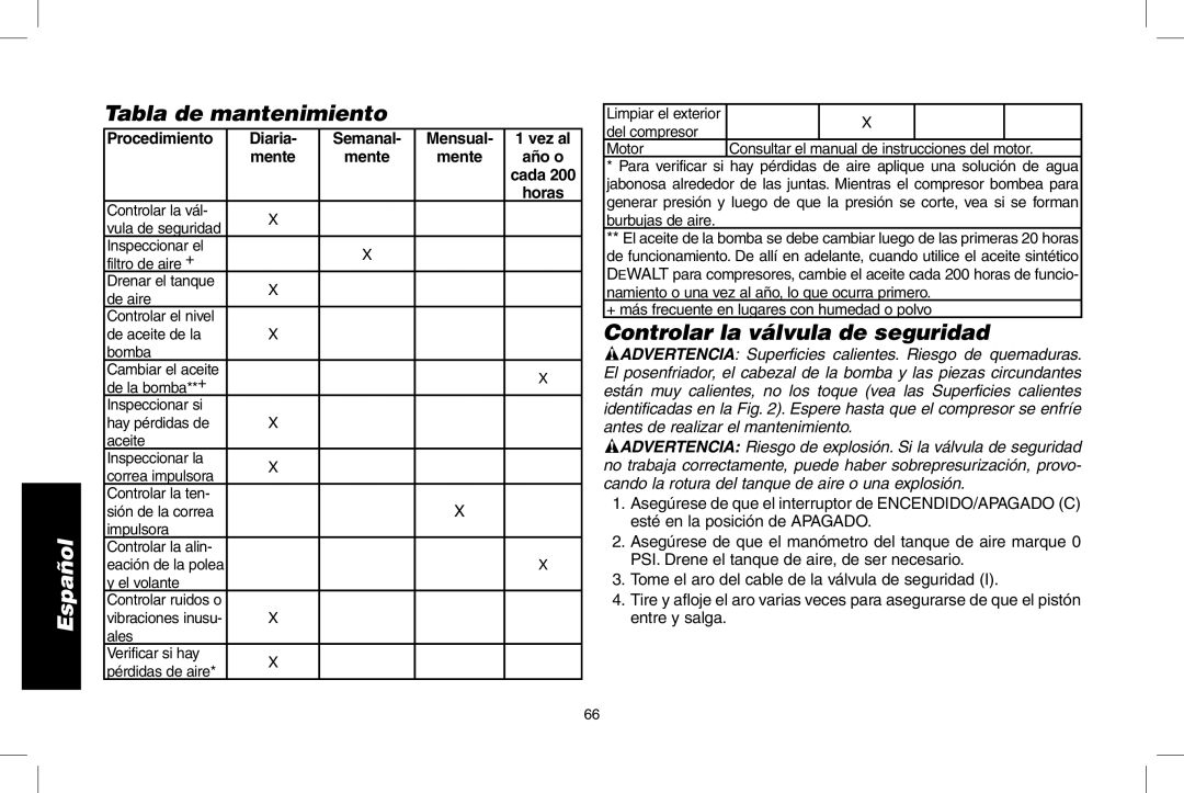 DeWalt D55273 Tabla de mantenimiento, Controlar la válvula de seguridad, Procedimiento Diaria Semanal Mensual Vez al 