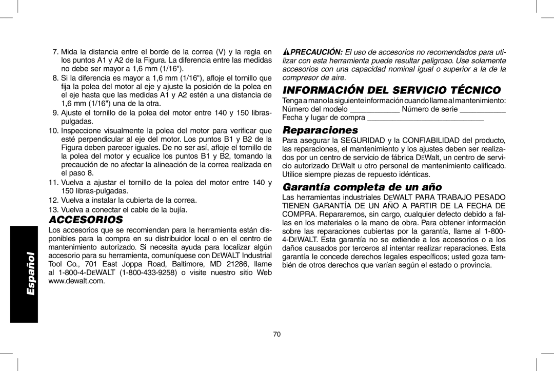 DeWalt D55273 instruction manual Accesorios, Información DEL Servicio Técnico, Reparaciones, Garantía completa de un año 