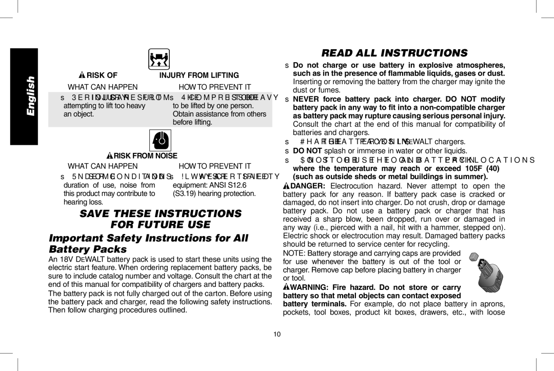 DeWalt D55695, D55690 instruction manual Read all Instructions, Important Safety Instructions for All Battery Packs 