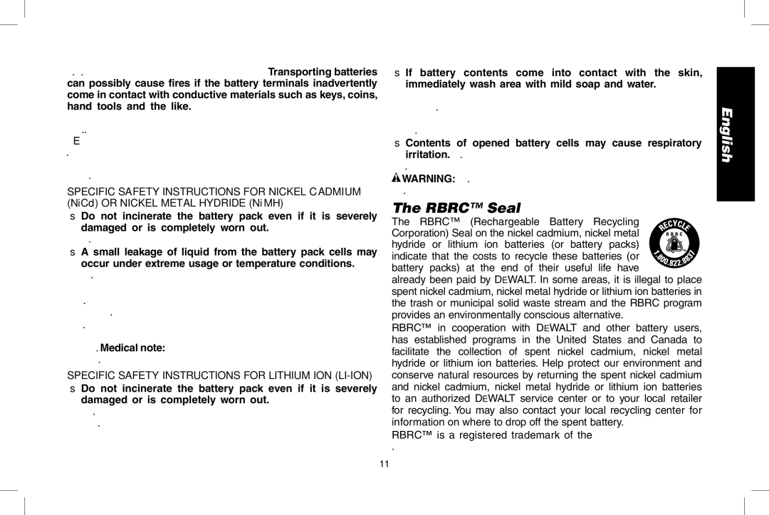 DeWalt D55690, D55695 instruction manual Rbrc Seal, Specific Safety instructions for Lithium Ion Li-Ion 