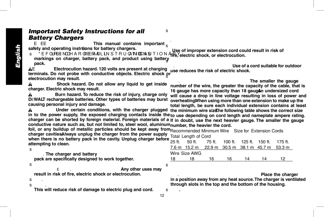 DeWalt D55695 Important Safety Instructions for all Battery Chargers, 25 ft 50 ft 75 ft 100 ft 125 ft 150 ft 175 ft 