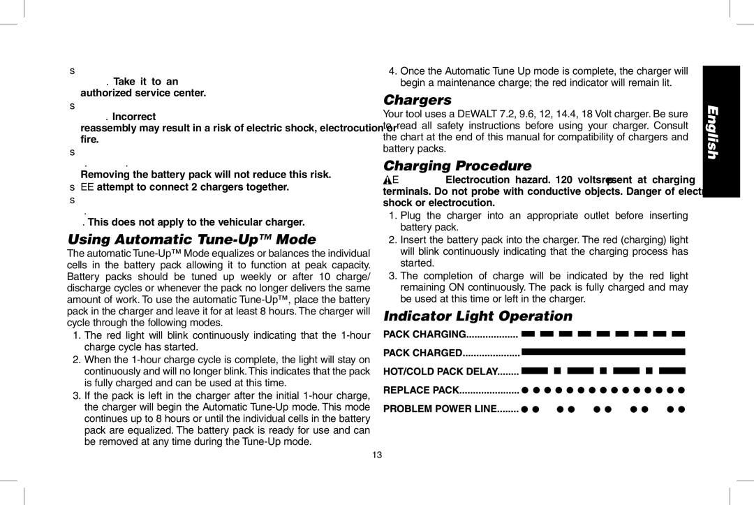 DeWalt D55690, D55695 Using Automatic Tune-Up Mode, Chargers, Charging Procedure, Indicator Light Operation 