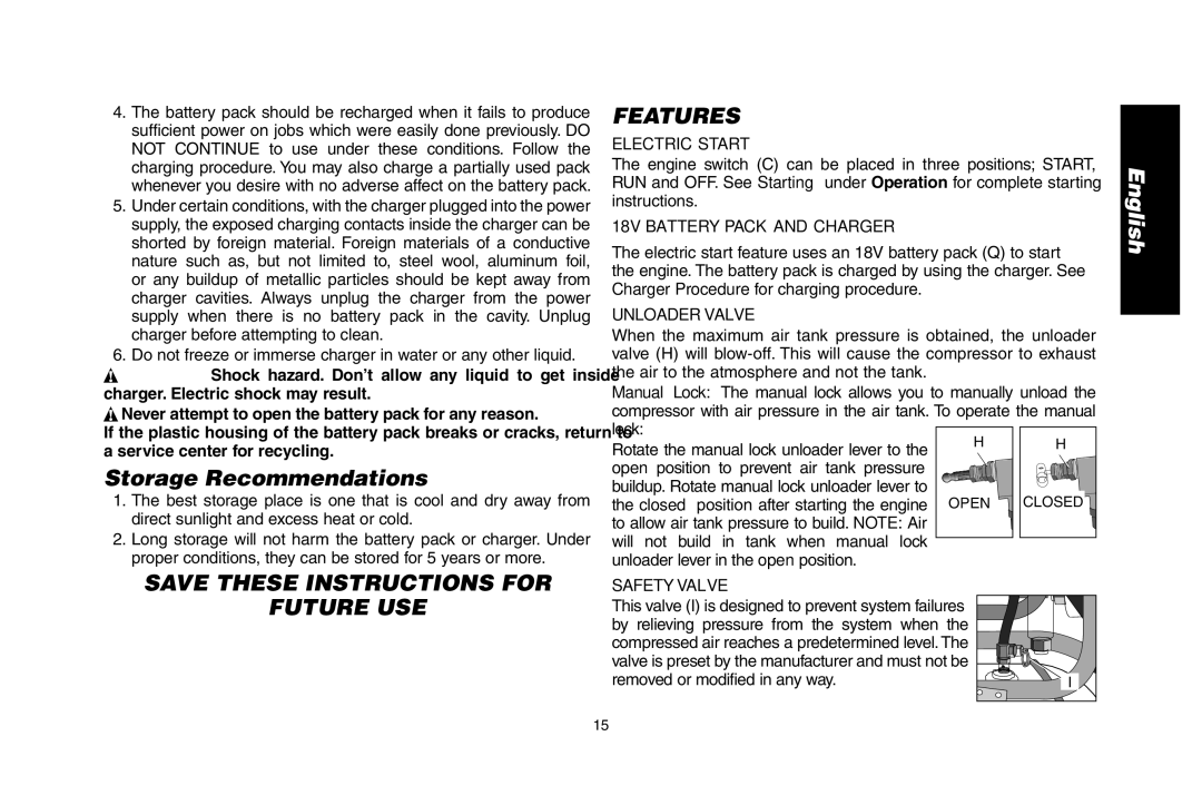 DeWalt D55690, D55695 instruction manual Storage Recommendations, Features, Safety Valve 