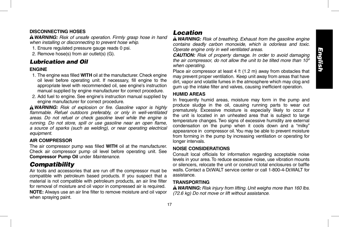 DeWalt D55690, D55695 instruction manual Compatibility, Location, Transporting 