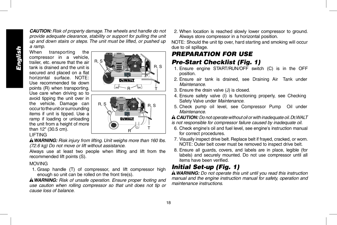 DeWalt D55695, D55690 instruction manual Preparation For Use Pre-Start Checklist Fig, Initial Set-up Fig, Lifting, Moving 