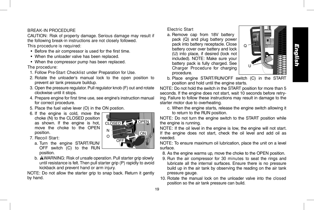 DeWalt D55690, D55695 instruction manual Break-in Procedure This procedure is required, Recoil Start 