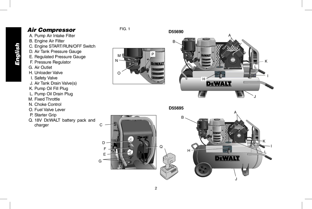 DeWalt D55695, D55690 instruction manual Air Compressor, Pump Air Intake Filter B. Engine Air Filter 