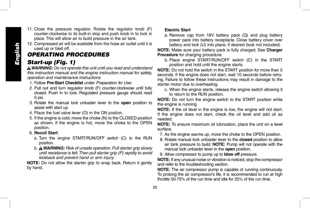 DeWalt D55695, D55690 Operating Procedures Start-up Fig, Follow Pre-Start Checklist under Preparation for Use 