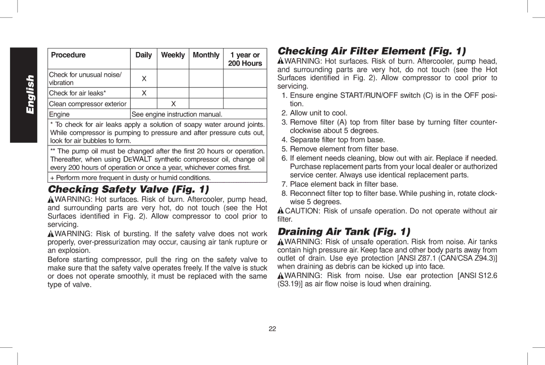 DeWalt D55695, D55690 instruction manual Checking Safety Valve Fig, Checking Air Filter Element Fig, Draining Air Tank Fig 