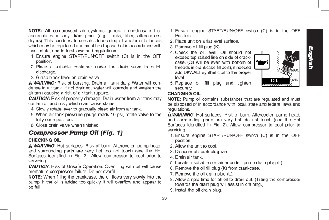 DeWalt D55690, D55695 Compressor Pump Oil Fig, Air tank causing a risk of air tank rupture, Checking oil Changing oil 