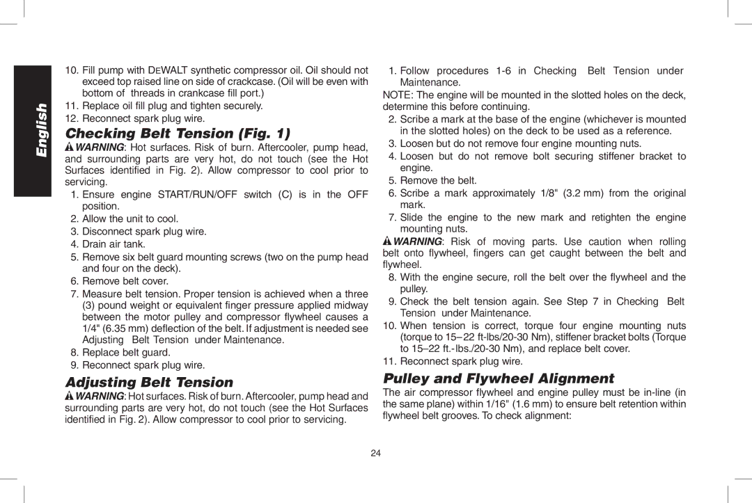 DeWalt D55695, D55690 instruction manual Checking Belt Tension Fig, Adjusting Belt Tension, Pulley and Flywheel­ Alignment 