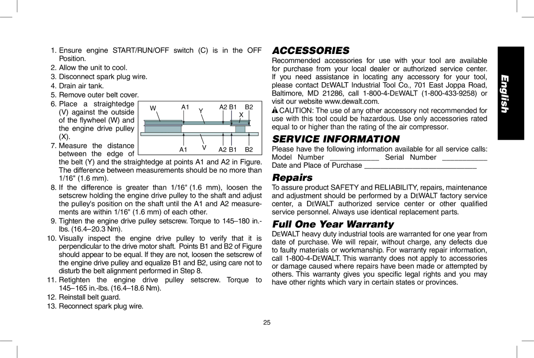 DeWalt D55690, D55695 Accessories Service Information, Repairs, Full One Year Warranty, Date and Place of Purchase 