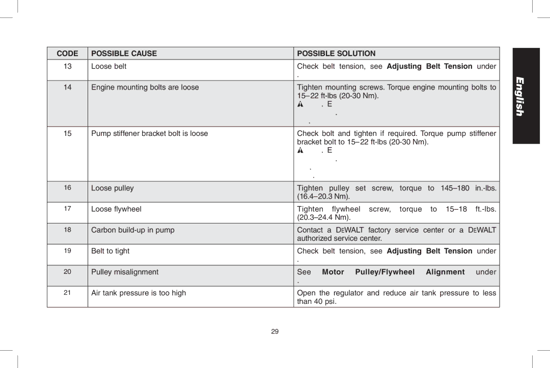 DeWalt D55690, D55695 instruction manual See Motor Pulley/Flywheel Alignment under Maintenance 