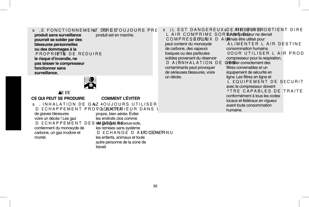 DeWalt D55695 Du compresseur ne devrait, Jamais être utilisé pour, Alimenter l’air destiné à la, Consommation humaine 