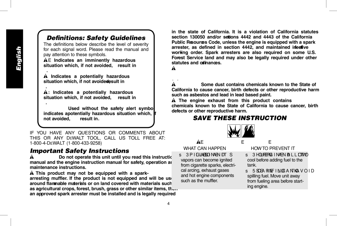 DeWalt D55695, D55690 Definitions Safety Guidelines, Important Safety Instructions, Save these instruction, DeWALT 