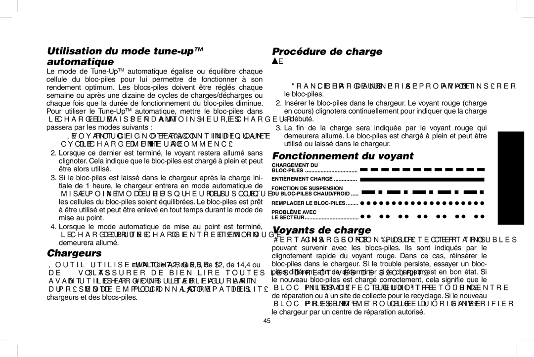 DeWalt D55690, D55695 instruction manual Utilisation du mode tune-up automatique, Chargeurs, Procédure de charge 