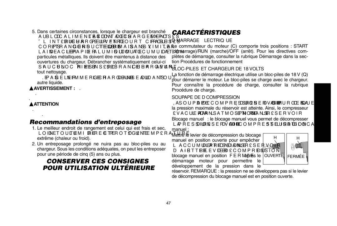 DeWalt D55690 Recommandations d’entreposage, Caractéristiques, Démarrage Électrique, BLOC-PILES ET Chargeur DE 18 Volts 