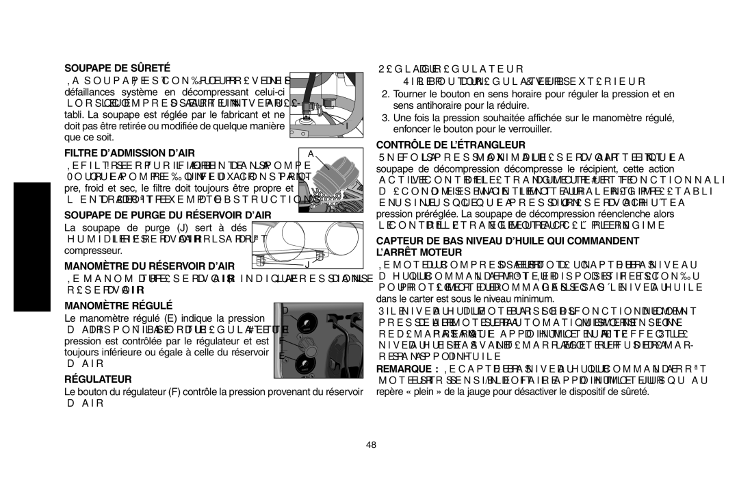 DeWalt D55695, D55690 Soupape DE Sûreté, Filtre D’ADMISSION D’AIR, Soupape DE Purge DU Réservoir D’AIR, Manomètre Régulé 