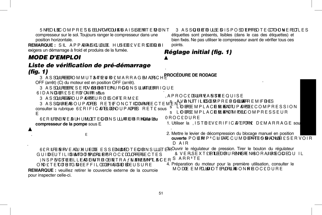 DeWalt D55690, D55695 instruction manual Mode d’emploi Liste de vérification de pré-démarrage fig, Réglage initial fig 