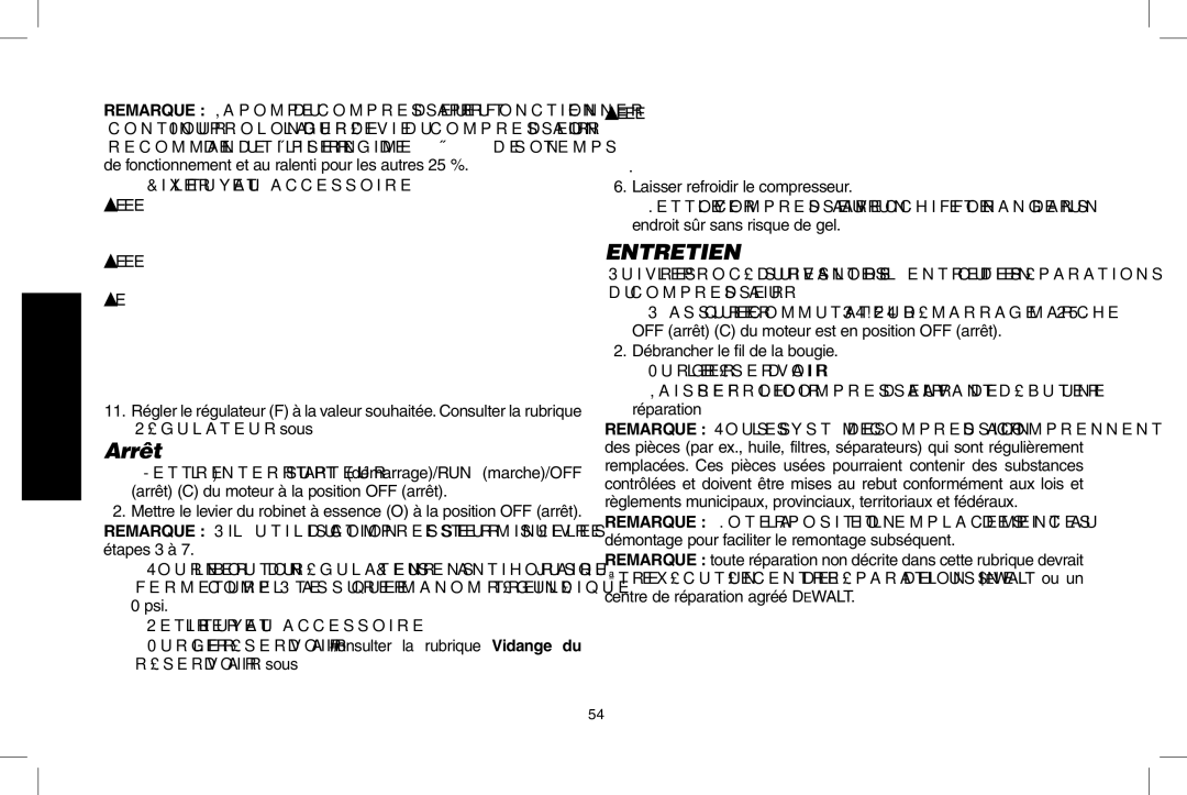 DeWalt D55695, D55690 instruction manual Arrêt, Entretien, Régulateur sous Caractéristiques, Étapes 3 à 