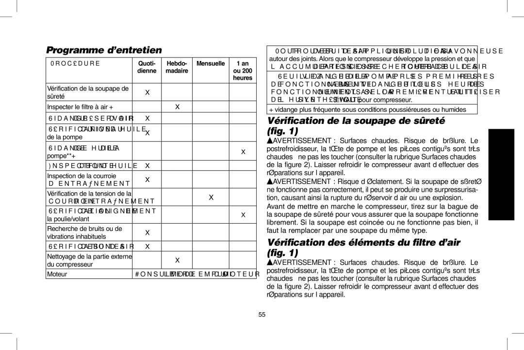 DeWalt D55690, D55695 instruction manual Programme d’entretien, Vérification de la soupape de sûreté fig 