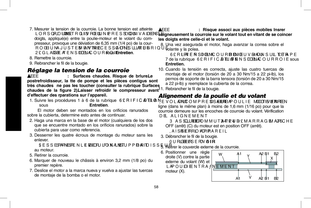 DeWalt D55695, D55690 instruction manual Réglage la tension de la courroie, Alignement de la poulie et du volant 