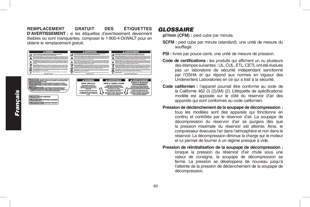 DeWalt D55695, D55690 instruction manual Glossaire 